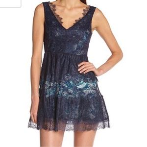 BCBGMaxAzria Willa Watercolor Lace Navy Cocktail Dress 0